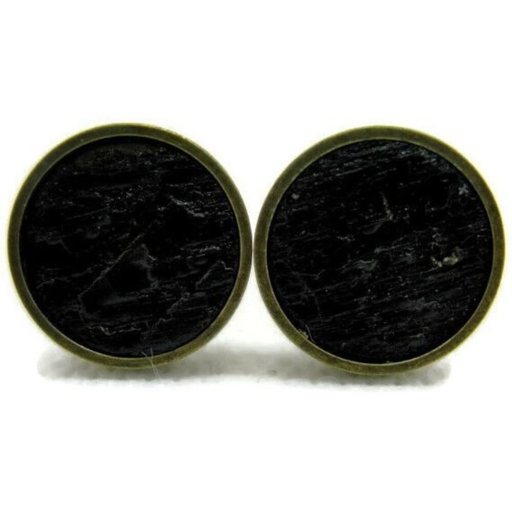 Textured Black Cuff Bullet Round 1" x 3/4" Antique Gold-Tone Base Men Cufflinks